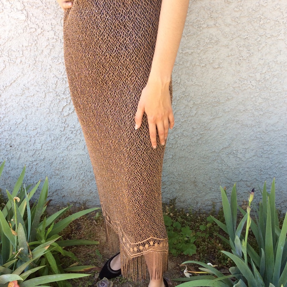 Vintage Harlow Crochet Knit Swanky Fringe Long Maxi Dress 👗 Evening Party Gown - Picture 4 of 8